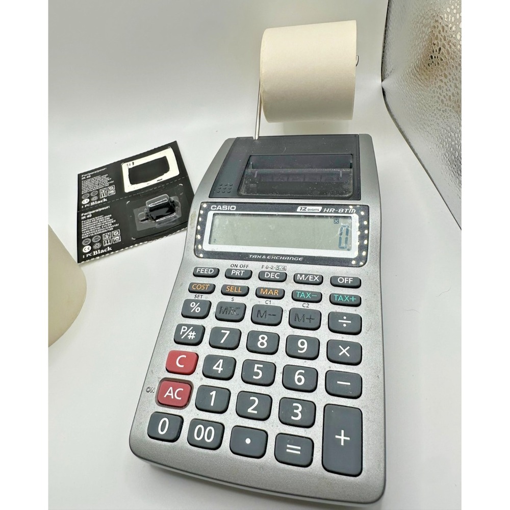 Casio HR-8TM Printing Calculator Tax Exchange Adding Machine - with paper & ink